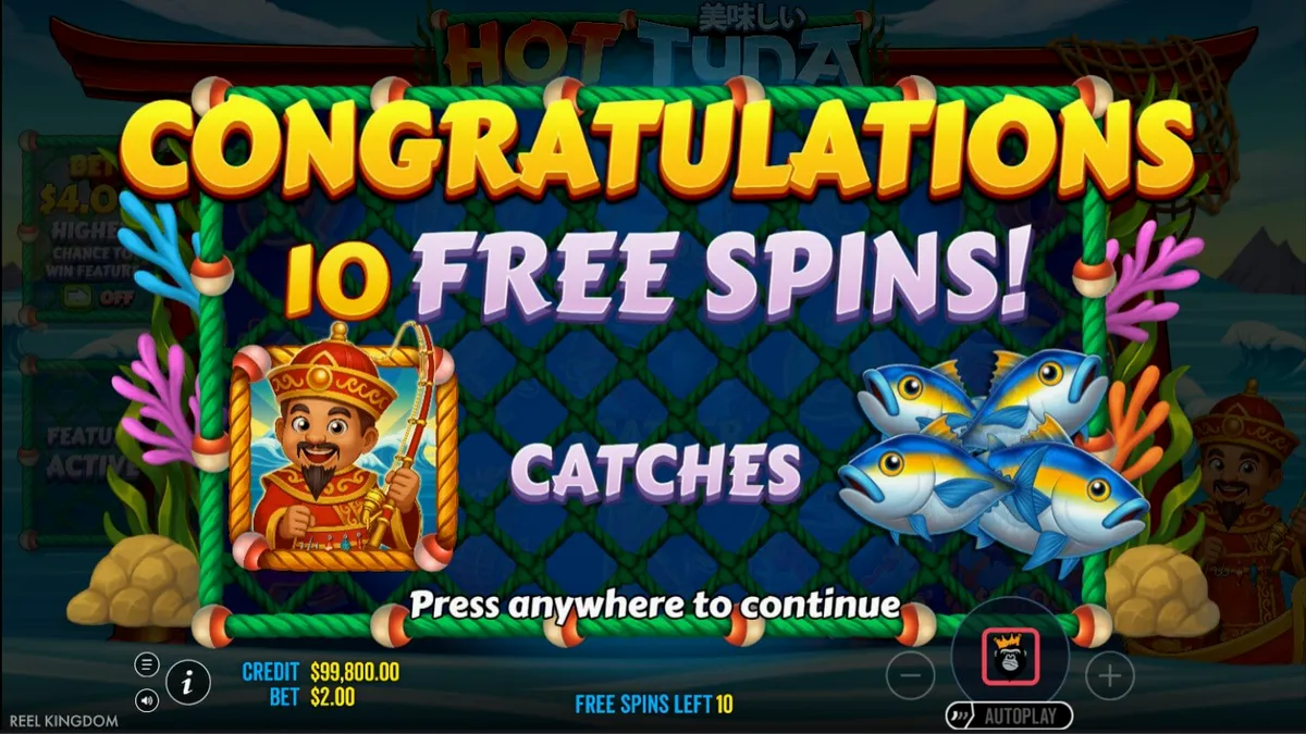 Interface do jogo de slot Hot Tuna com tema de pesca asiática